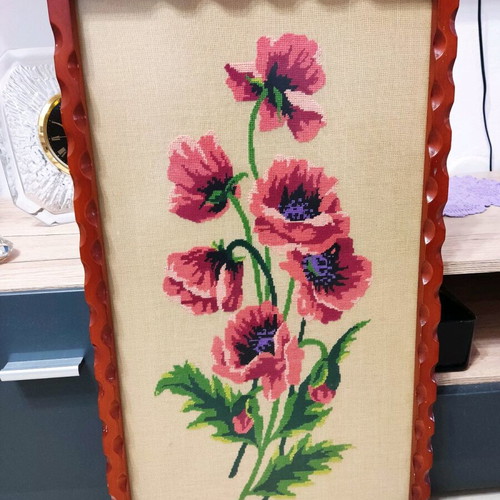 Vintage hand-embroidered painting like new with wooden frame 36x64