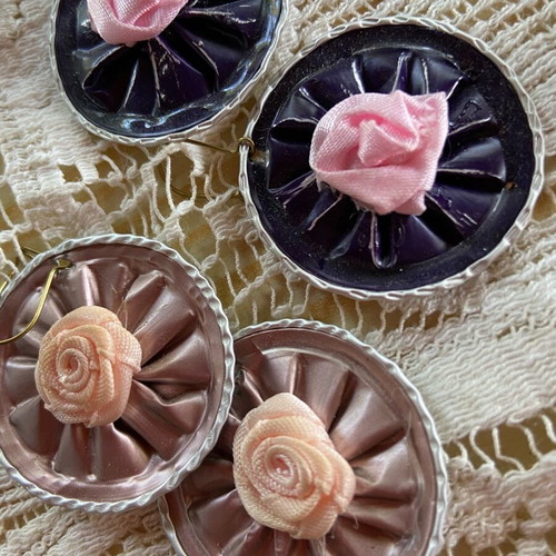 Handmade earrings set from espresso capsules with fabric roses, like new