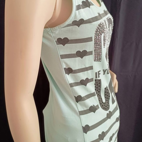 Women's summer turquoise top with black letters and strass used, size M