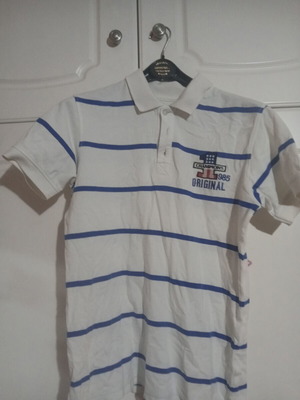 Vintage polo collar T-shirt used, size M, white and blue