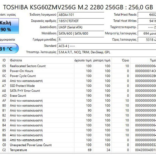 Toshiba KSG60ZMV256G 256GB M.2 2280 SATA SSD σαν καινούργιο