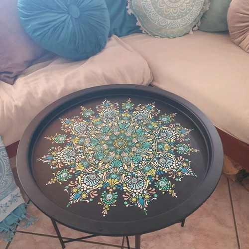 Handpainted Bohemian Style Round Table with Foldable Legs