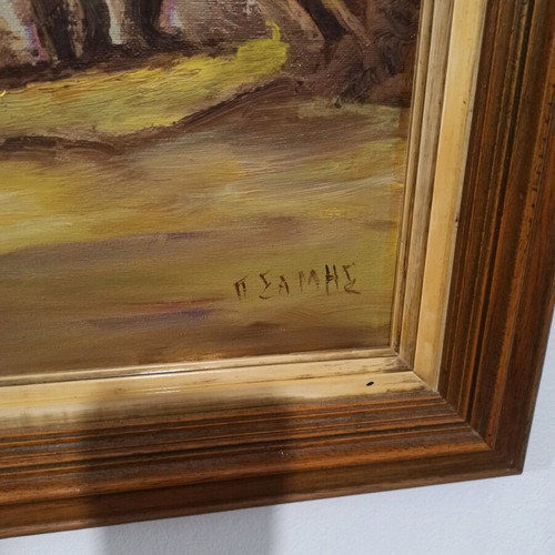 Oil painting by Panos Samis used with wooden frame, 1980