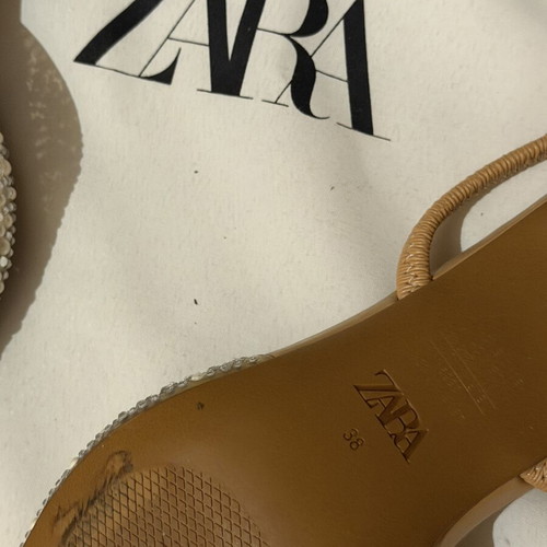 Zara pearl and rhinestone slingback pumps, size 38, nude camel