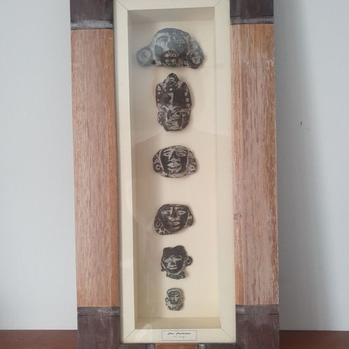 Pre-Columbian art masks used, set of 6 in wooden frame with glass
