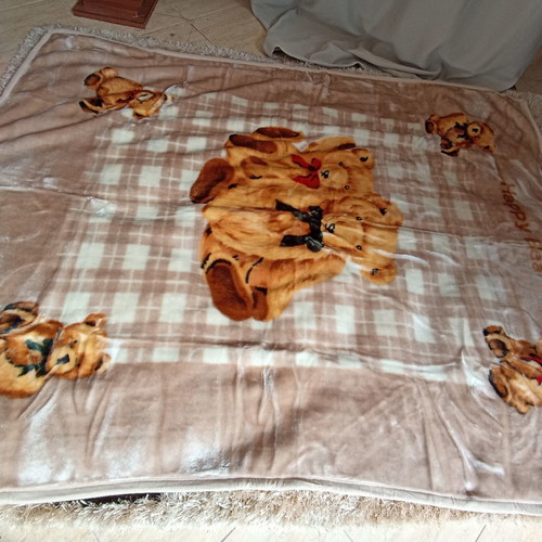 Velveteen half-double blanket with bear family design, new