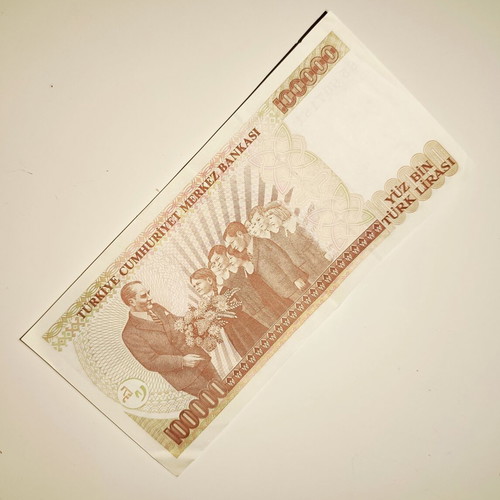 Set of 5 used Turkish 100,000 Lira collectible banknotes