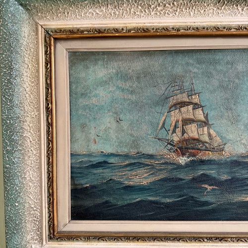 Oil Painting with Sailing Ship on Sea used, vintage nautical theme