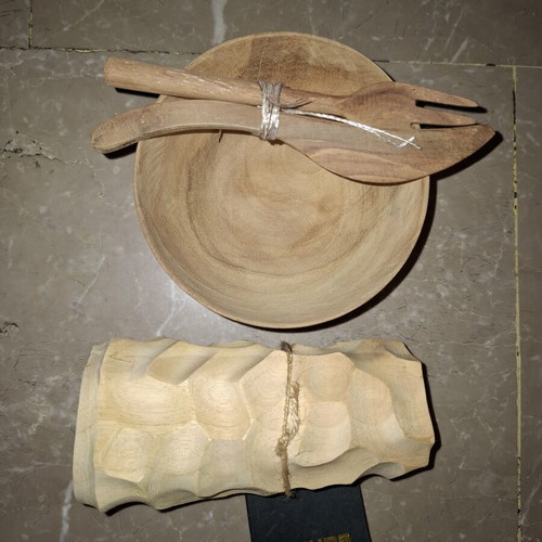 Muubs wooden serving set with bowl, cutlery and ceramic salt shaker