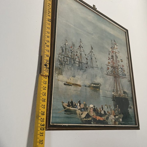 Vintage ναυτικός πίνακας με ελληνική σημαία, ιστιοφόρα και λιμάνι, 30 εκ