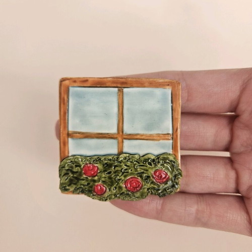 Handmade clay magnet with acrylic paint, window with flower box like new