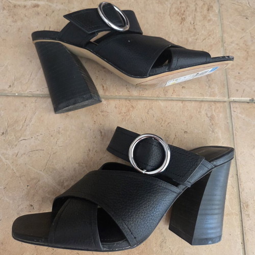 Autograph Black Leather Mules Block Heel Cross Strap Sandals