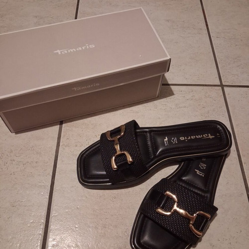 Tamaris black sandals with gold buckle, size 41