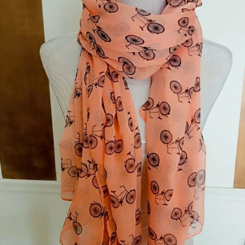 Long lightweight scarf with vintage bicycle print like new, orange