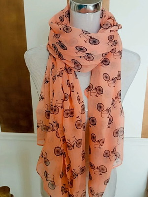 Long lightweight scarf with vintage bicycle print like new, orange
