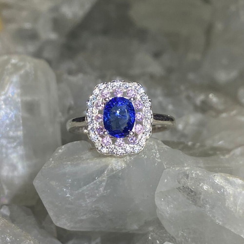Handmade silver ring with natural blue sapphire, pink quartz & moissanites, size 7