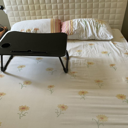 Breakfast bed tray table with cup holder and tablet slot, black
