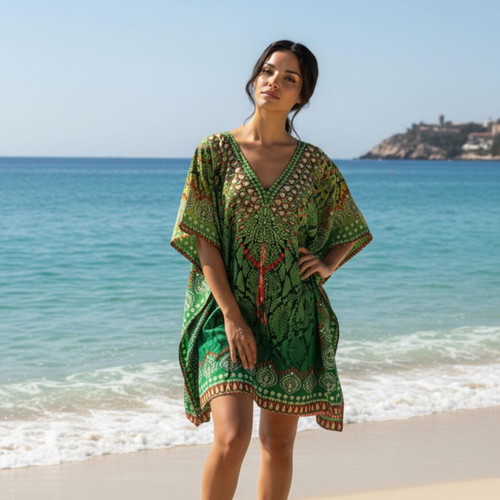 Rima Beachwear short green caftan with waist cord