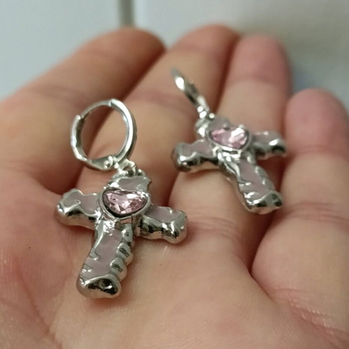 Retro women's stainless steel earrings with enamel and amethyst stone cross new