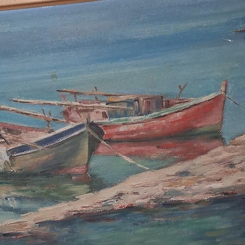 Nikos Maniatis Seascape with Traditional Boats Oil Painting on Hardboard