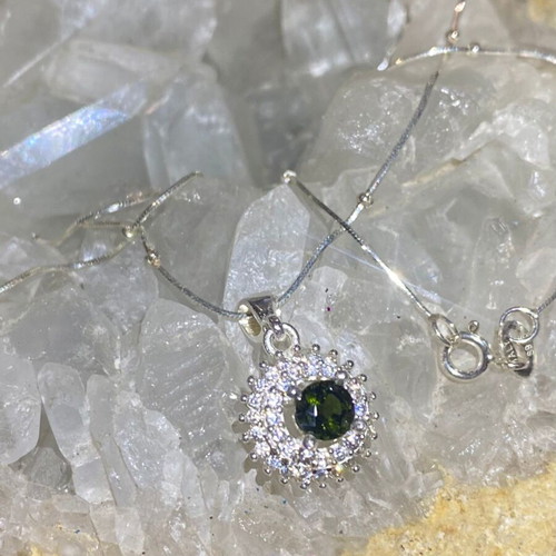 Silver pendant with natural intense green tourmaline and moissanite, new