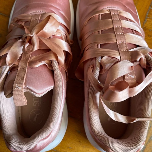 Puma satin sneakers used, size 36, dusky pink with ribbons