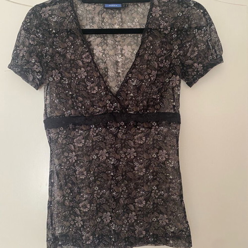 Mexx vintage sheer black floral mesh top with lace trim size S like new