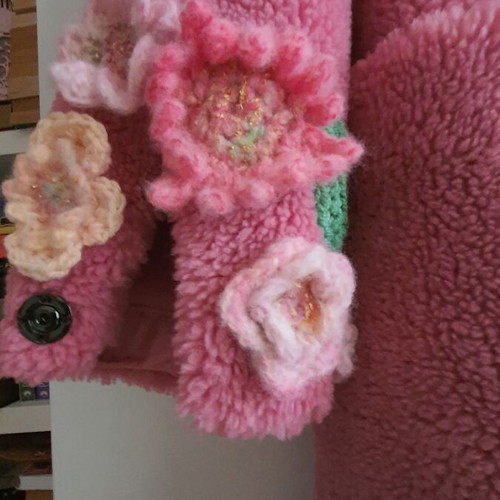 Coat new with crocheted handmade flowers pink S-M