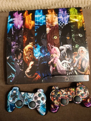 PS3 Slim Demon Slayer themed console with 2 controllers