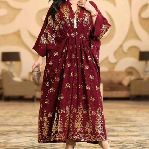 Arabic style kaftan burgundy with gold print, like new, plus size