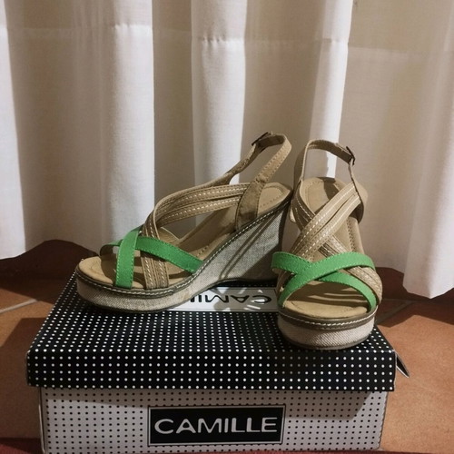 Camille fabric platform sandals used, beige and green, size 37
