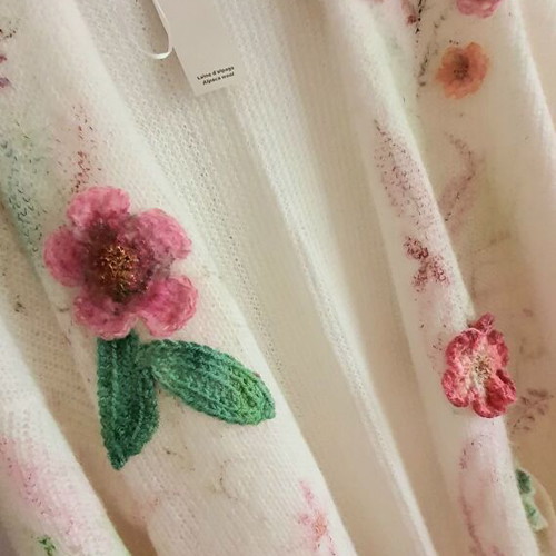 Cardigan long knit with handmade crochet flowers, new, alpaca wool