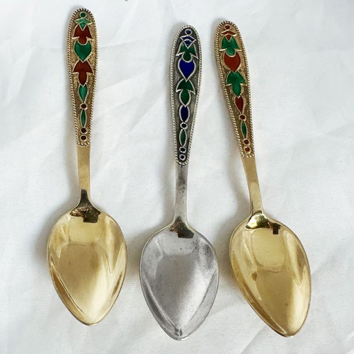 Set of 3 Soviet Silver 875 Spoons with Enamel