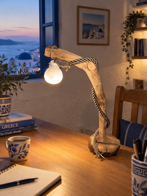 Ρουστίκ χειροποίητο ξύλινο επιτραπέζιο φωτιστικό με φυσικό σχοινί, 45 εκ.