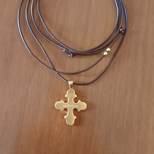 Hermina Athens large 925 gold-plated cross pendant with brown leather