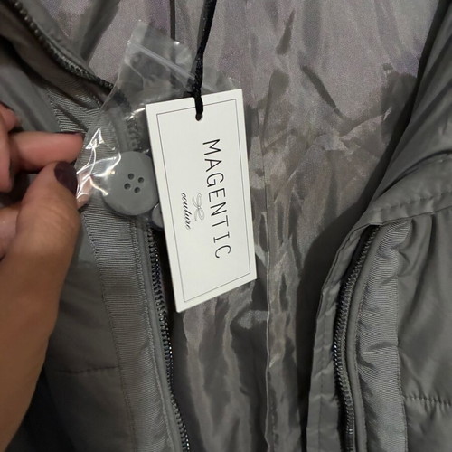 Magnetic Couture Long Jacket New With Detachable Hood And Belt Gray Silver