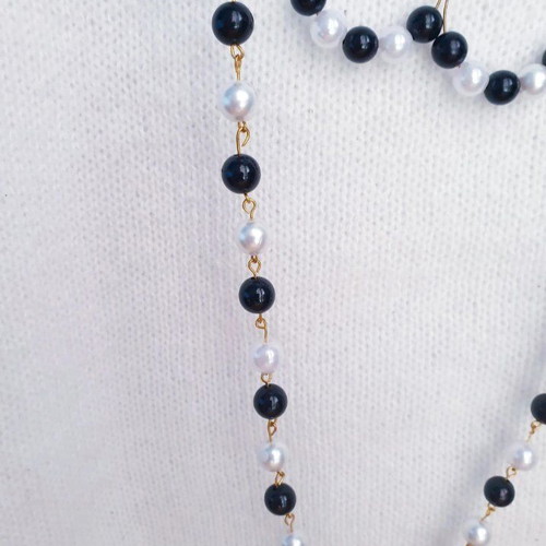 Handmade black and white beaded tassel necklace and earings