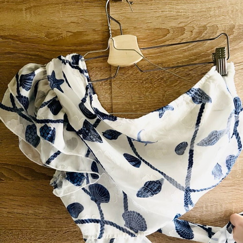 One-shoulder blouse with waist tie Medium like new, white and blue