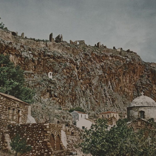 Monemvasia postcard color view of Upper Town used