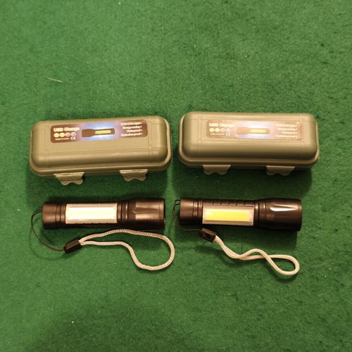 Set of 2 small rechargeable LED COB flashlights with USB cable and plastic carrying case