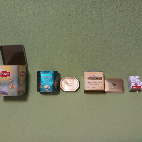 Collectible metal tea tins used, set of 4 Lipton Twinings Underground