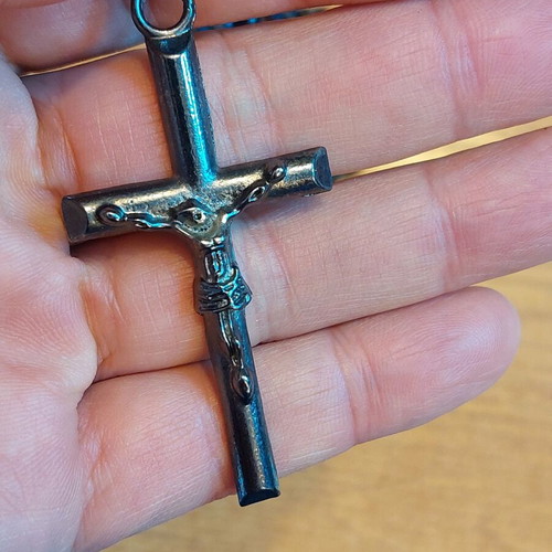 Necklace new with metal cross and hard resin beads