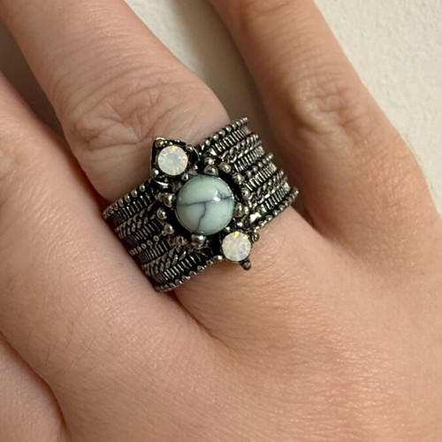 Vintage steel ring carved new with semi-precious gemstones