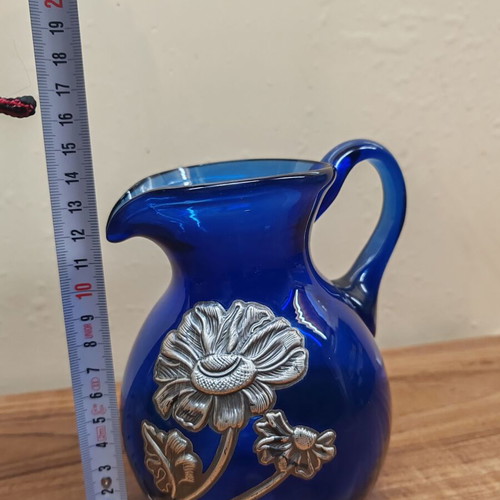 Set of blue blown glass jug and silver-plated fondue pot like new