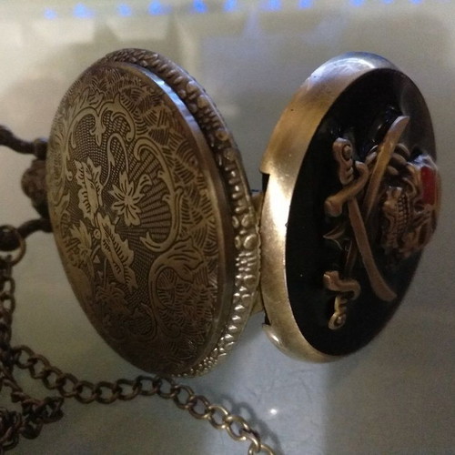 Vintage Black Pirate Skull Quartz Pocket Watch with Chain