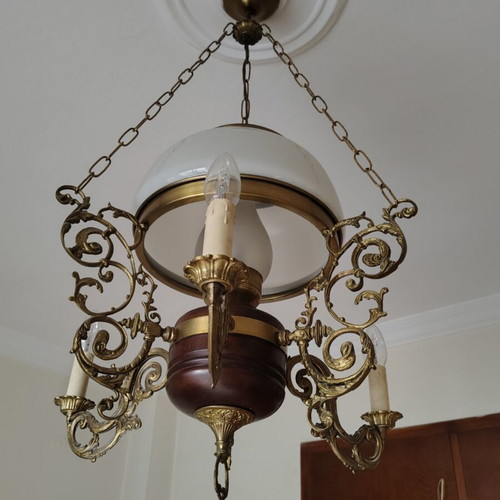 Vintage Brass Chandelier Neoclassical | Large Opaline & Candles | Rare