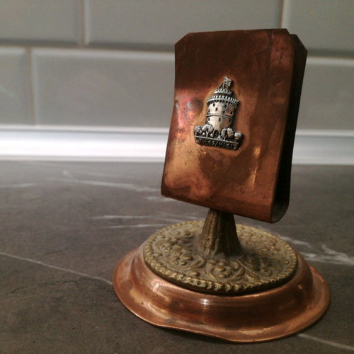 Copper serving set used, 4 pieces with embossed design