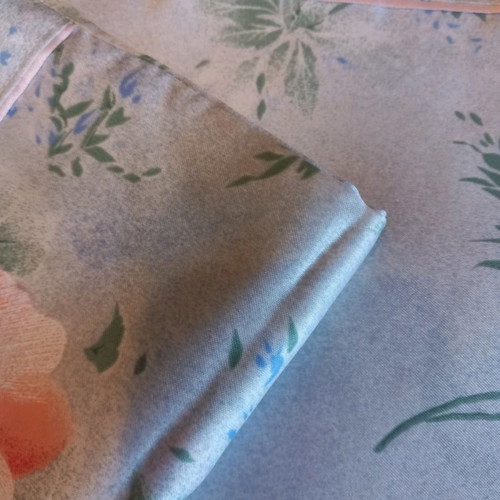 Satin bed sheet set unused, pink and printed blue with flowers