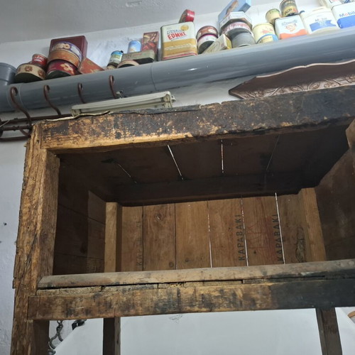 Old wooden cobbler bench with 30 tools used, rare museum set
