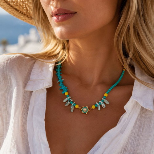 Handmade necklace with semi-precious stones Lava, Coral, Shell and a little turtle with enamel and zircon